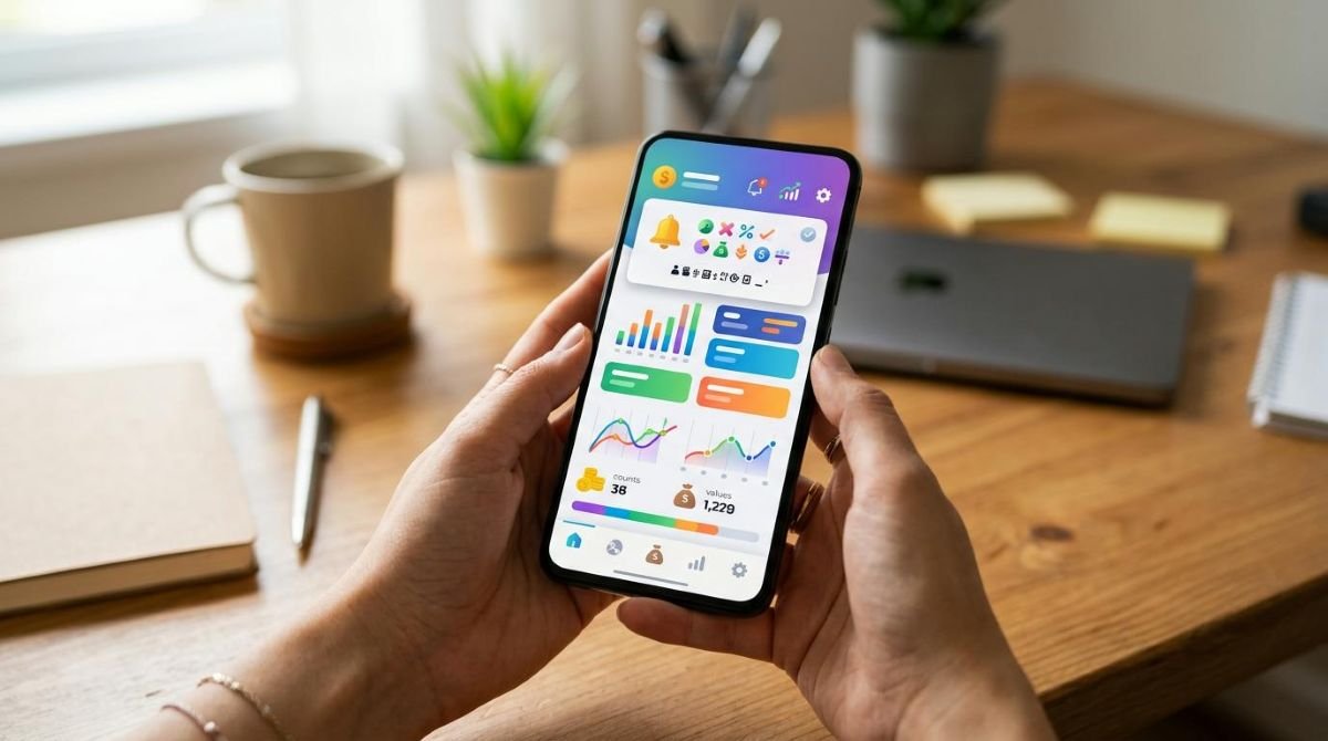 Mãos segurando um smartphone moderno com a tela exibindo uma interface de aplicativo financeiro genérico e abstrato, com uma notificação flutuante